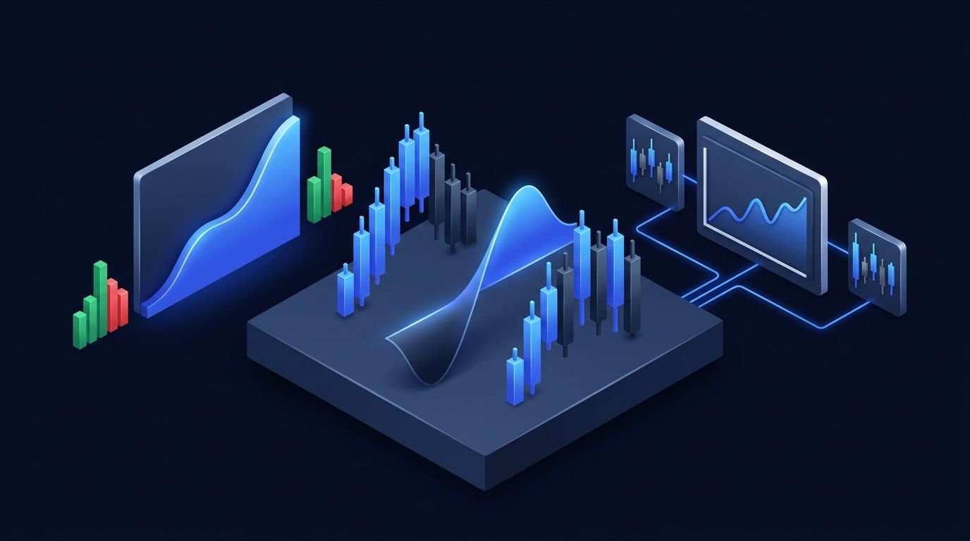 Trading charts with performance analysis on a dark screen