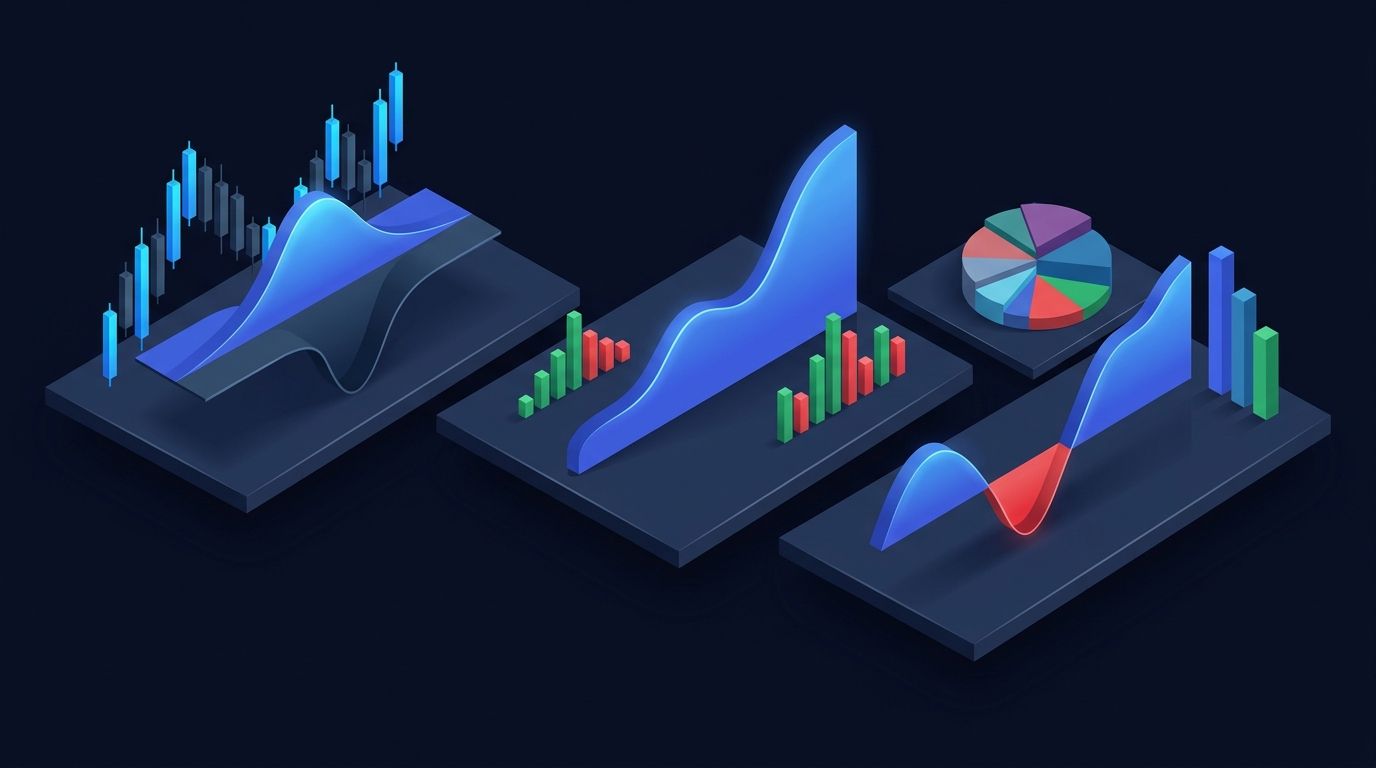 Analytical probability framework with financial market alternatives on dark background