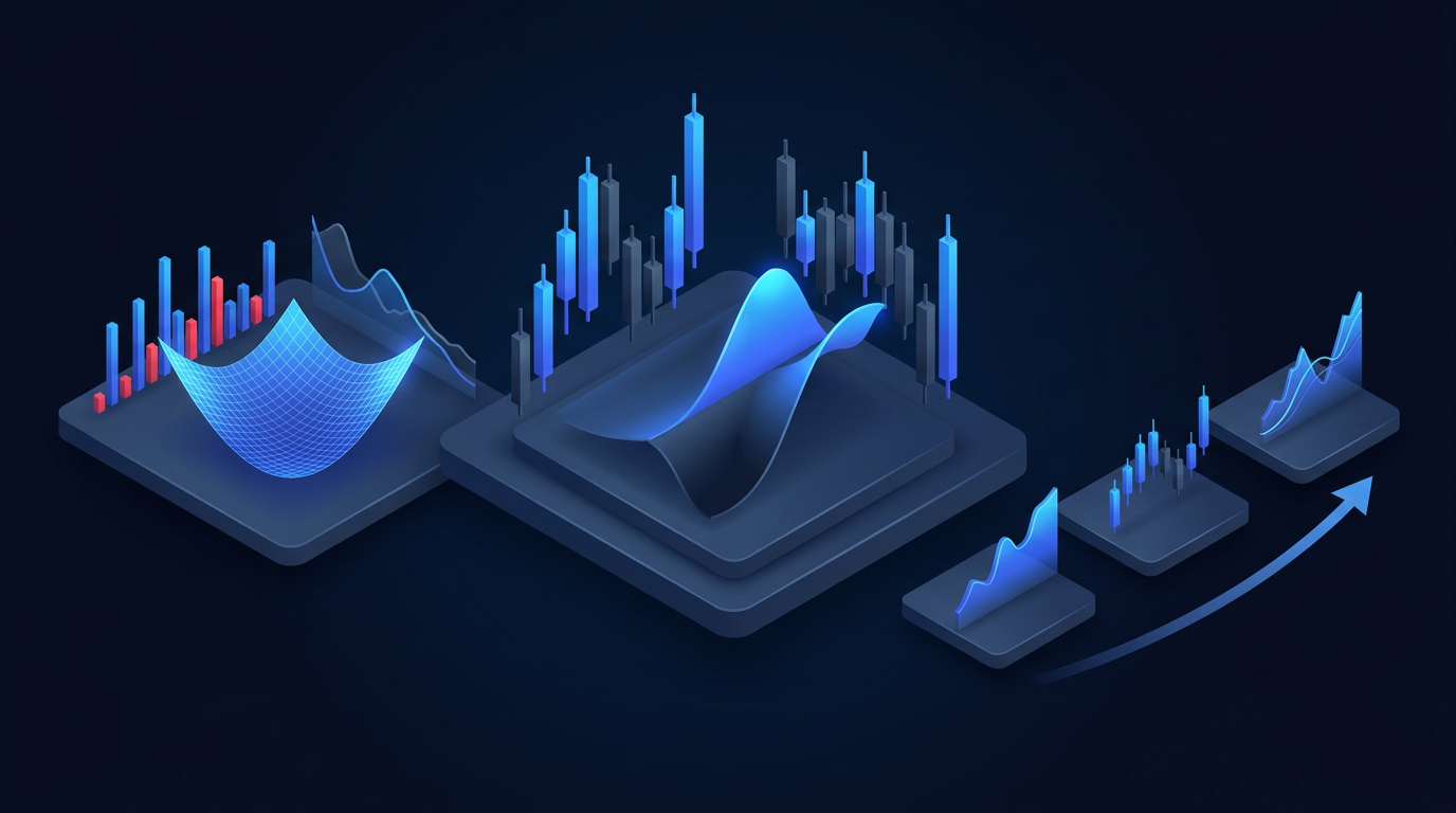 Abstract visualization of volatility waves on a dark navy background with condor wing shapes
