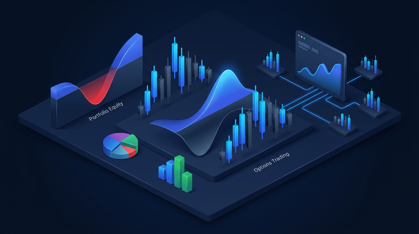 Split visualization of institutional trading infrastructure versus retail trader view on dark navy background
