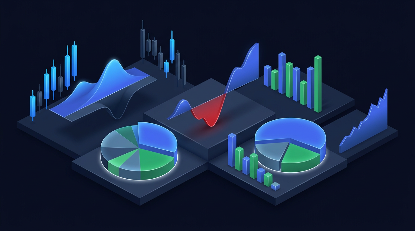 Split comparison visualization of options trading and crypto charts on dark navy background
