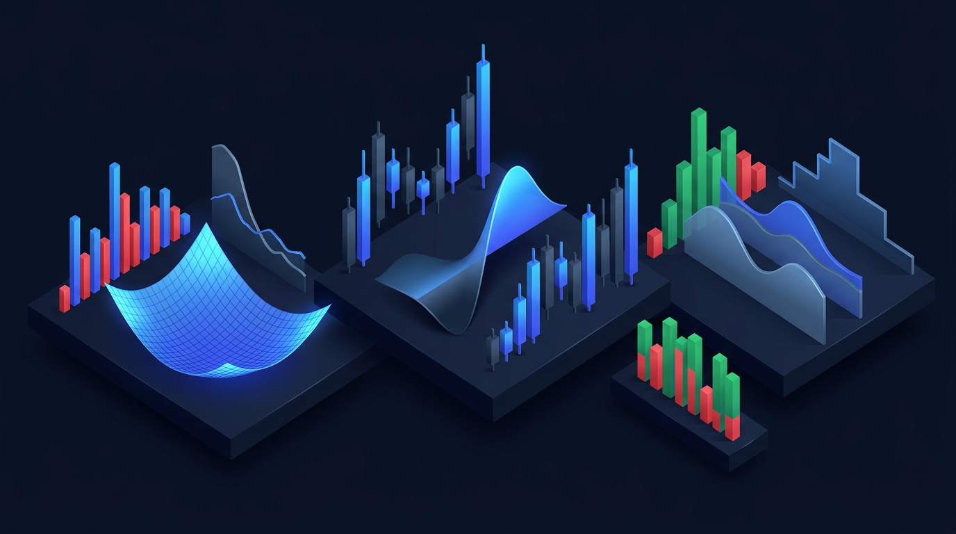 Abstract seasonal market visualization with options strategy elements on dark navy background