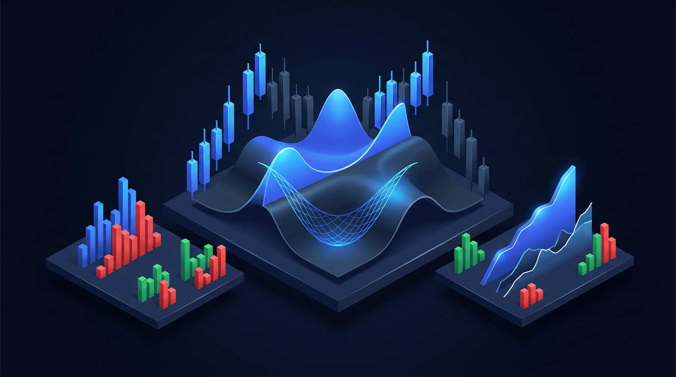 Abstract comparison of NDX and QQQ index charts with iron condor strategy overlay on dark navy background