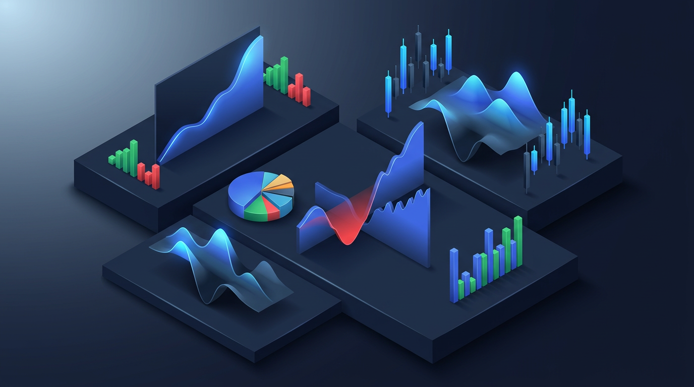 Abstract shield with circuit breaker elements protecting a portfolio chart on dark navy background