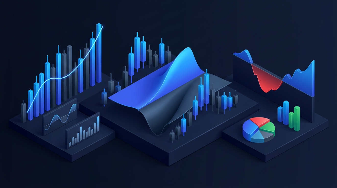 Dark navy abstract chart with a price line gravitating toward a central strike level near expiration
