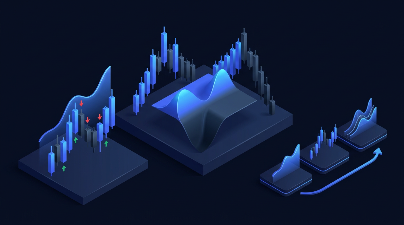 Dark navy abstract heatmap showing gamma exposure zones across strike levels