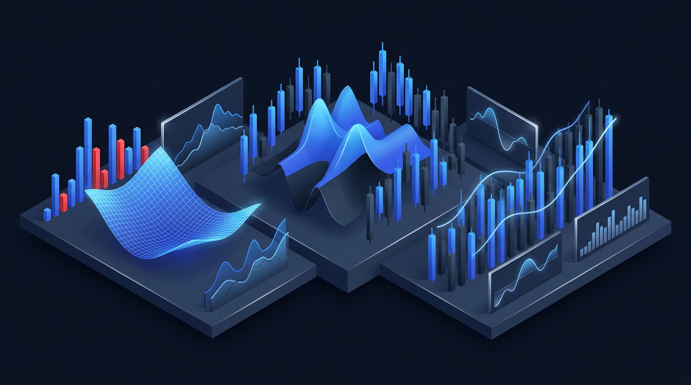 Dark navy abstract downtrending market chart with options strategy overlay indicators
