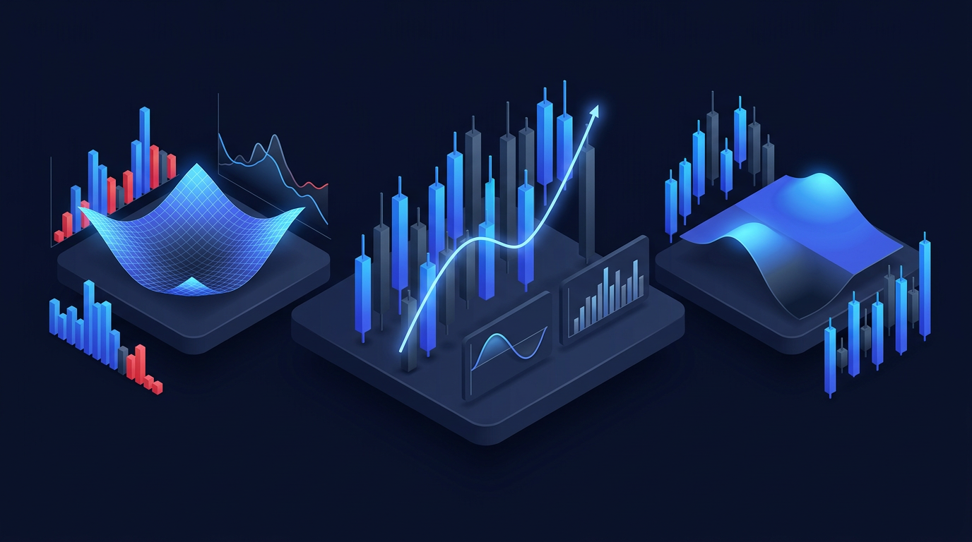 Fear and greed meter gauge visualization on dark navy fintech analytics background