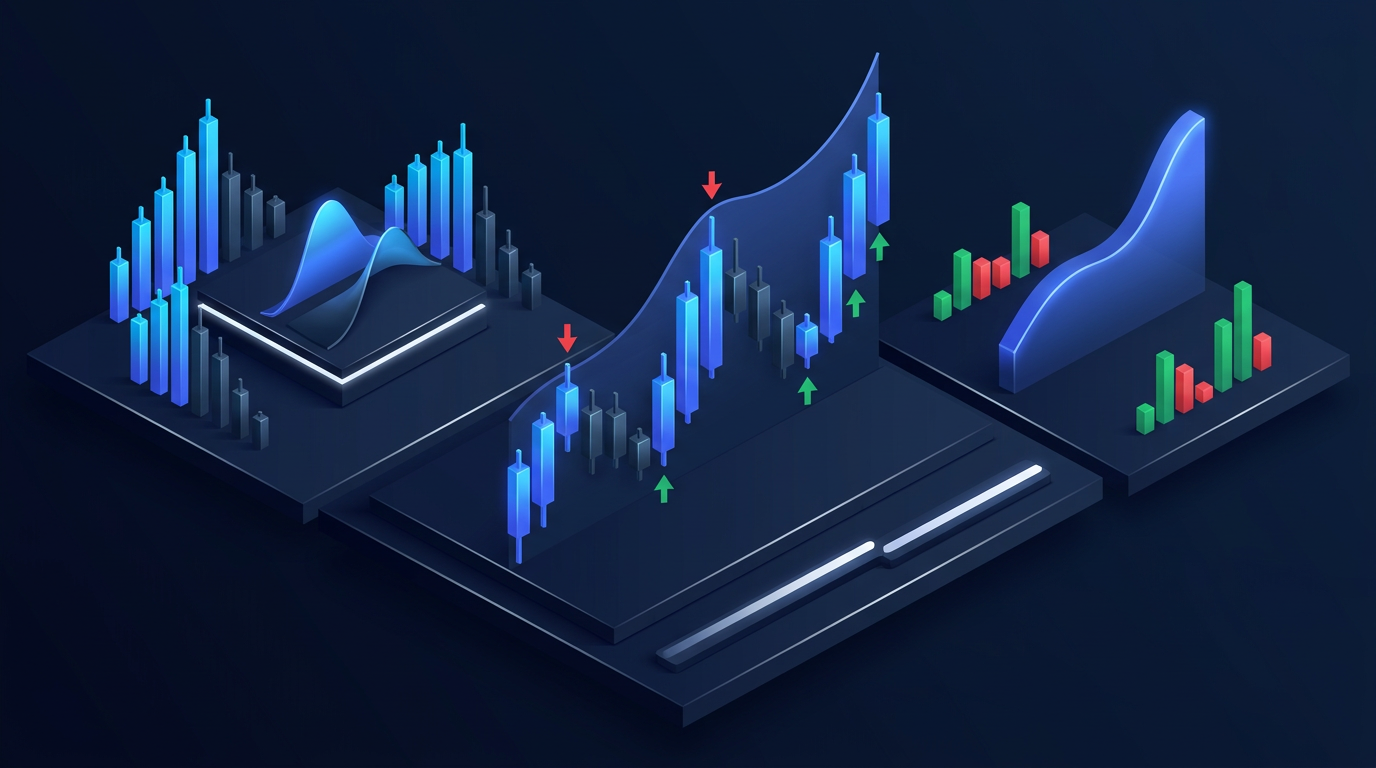 Calendar with market holiday markers and trading schedule on dark navy fintech analytics background