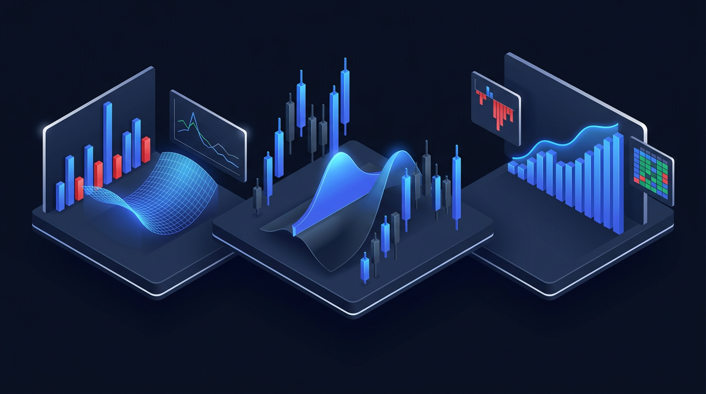 Options trader reviewing quarterly performance charts on dual monitors