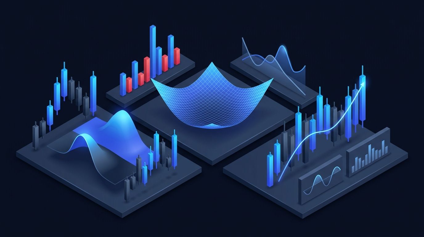 Multiple market regime charts showing trending, sideways, and volatile price patterns