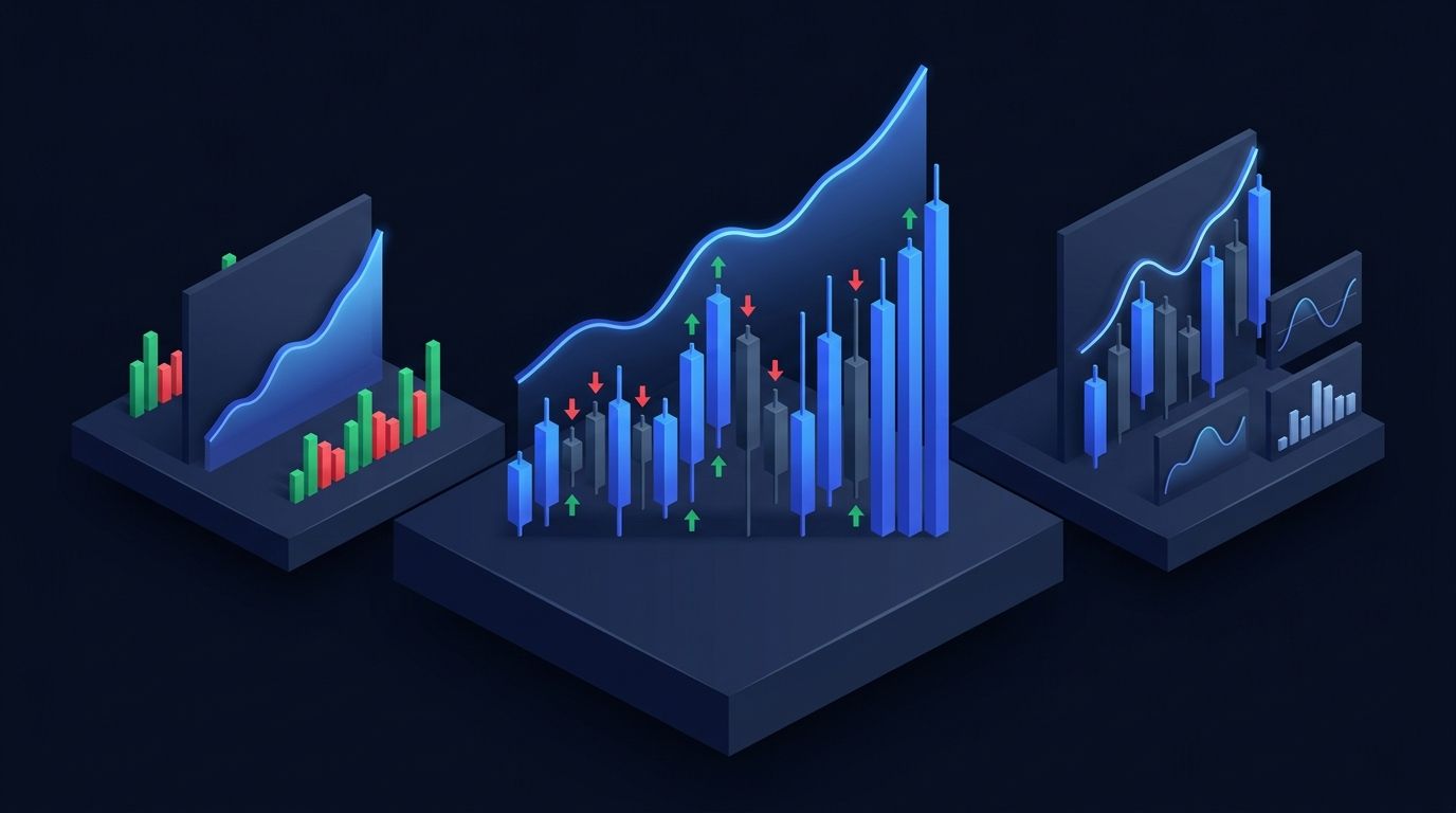 Automated gold futures trading system with price chart and execution signals on dark background