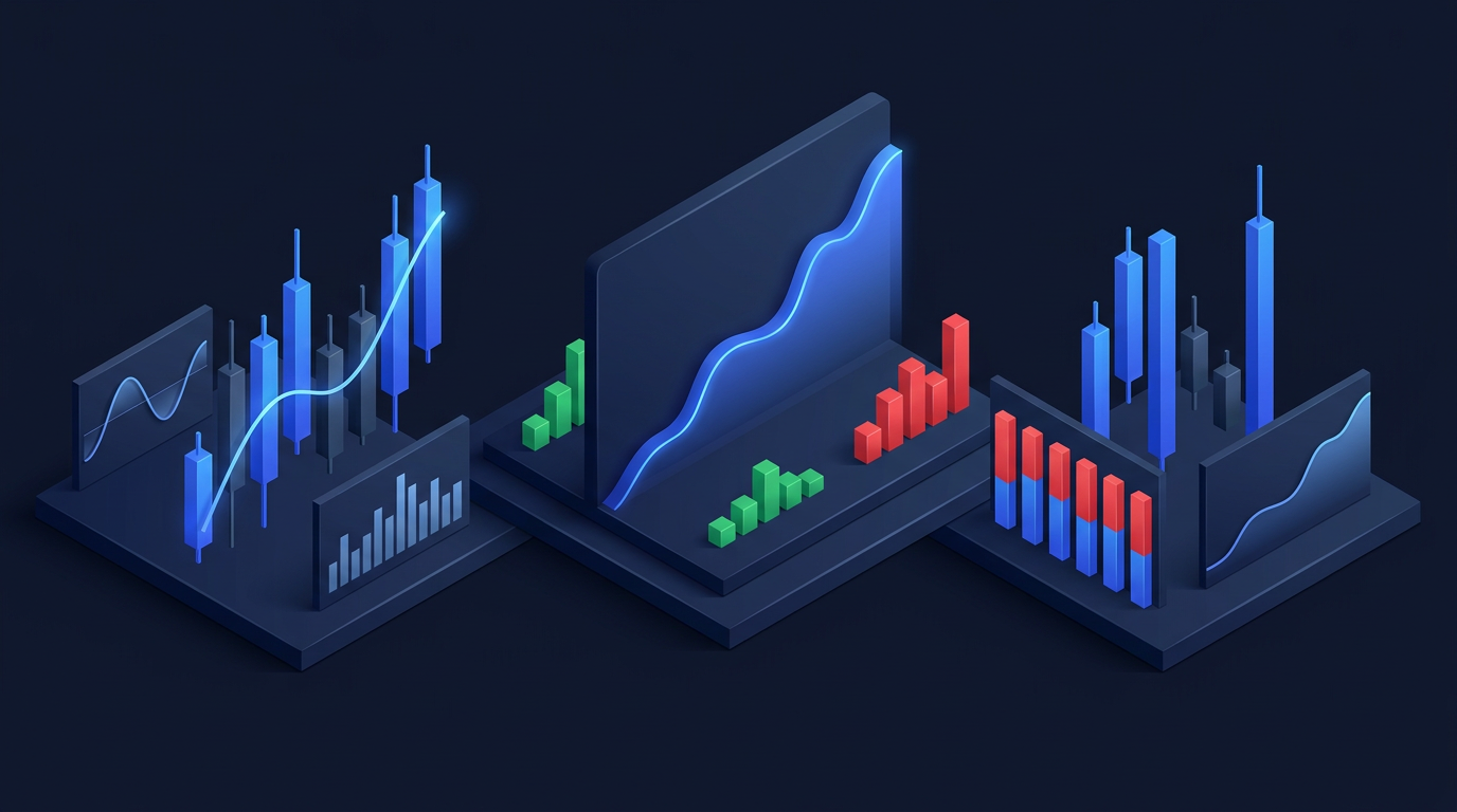 Gold price chart with income metrics and automated execution signals on dark background