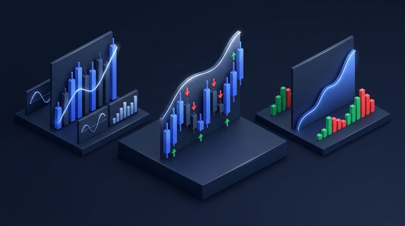 Gold futures strategy comparison chart with multiple approach indicators on dark background