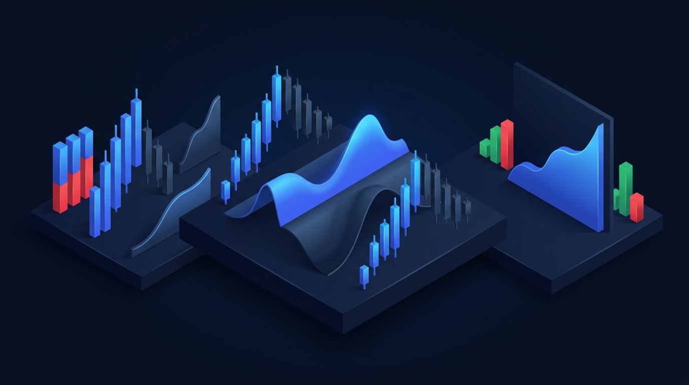 Split visualization comparing gold futures and stock trading charts on dark navy background with amber accents